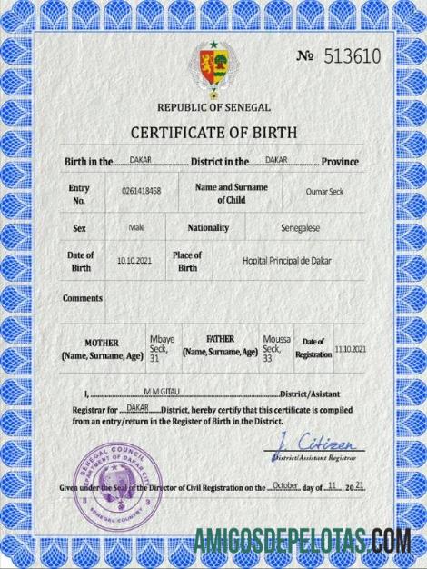 Para baixar modelo PSD de certidão de nascimento do Senegal